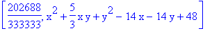 [202688/333333, x^2+5/3*x*y+y^2-14*x-14*y+48]